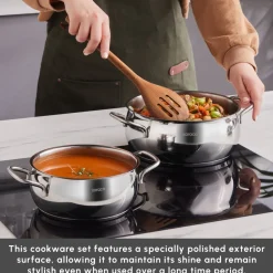 Karaca Emirgan 8-Piece Stainless Steel Induction Cookware Set, Silver Red