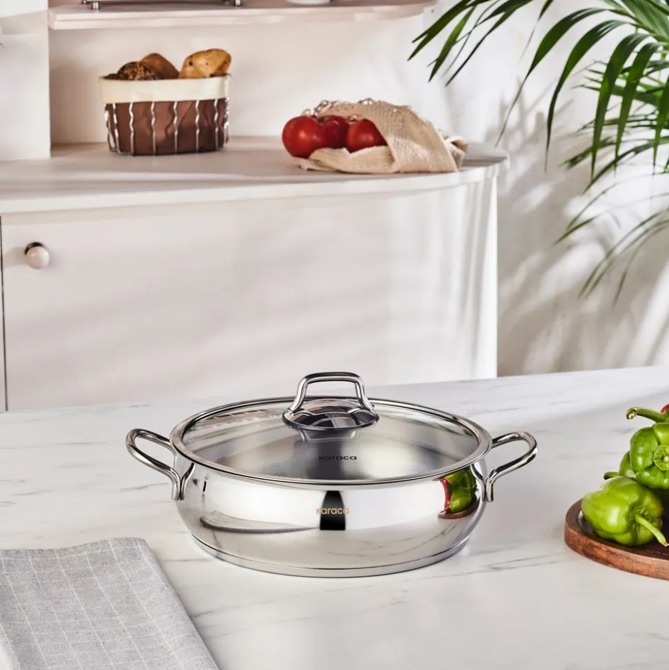 Karaca Emirgan Stainless Steel Shallow Casserole with Lid, 26cm, Silver