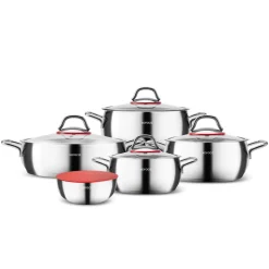 Karaca Emirgan XL 10-Piece Stainless Steel Induction Cookware Set with Storage Container, Silver Red