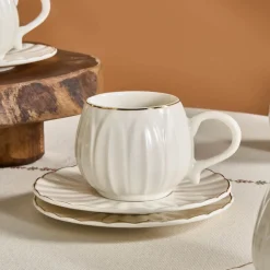 Karaca Eylul 12-Piece Bone China Espresso Turkish Coffee Cup Set for 6 People, 85ml, White
