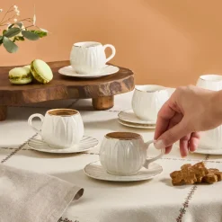 Karaca Eylul 12-Piece Bone China Espresso Turkish Coffee Cup Set for 6 People, 85ml, White