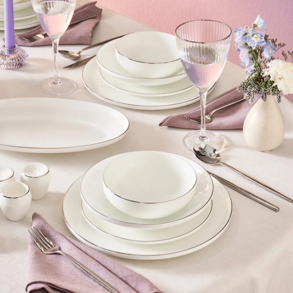 Karaca Fine Bone New Meridian 55-Piece Dinner Set for 12 People, Platin