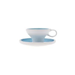 Karaca Fit Collection 4 Piece Stoneware Tea Cup and Saucer Set for 2 People, 10cmx5.5cm, Blue White