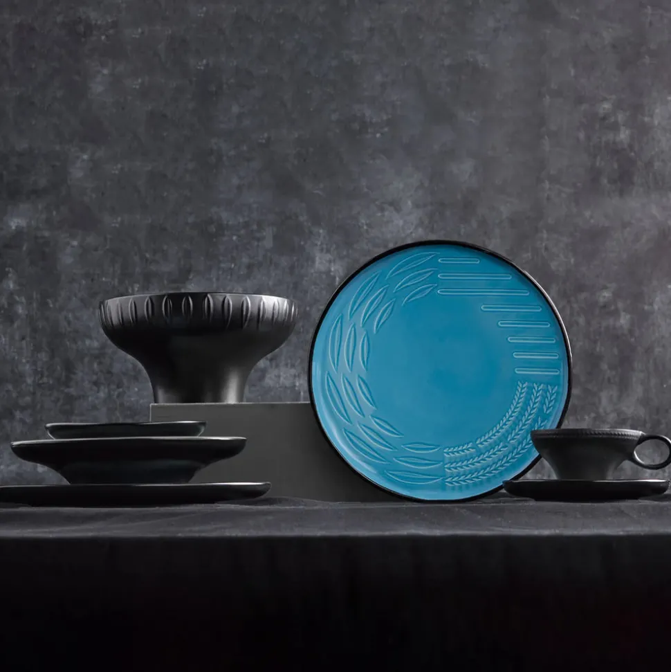 Karaca Fit Collection 4 Piece Stoneware Tea Cup and Saucer Set for 2 People, 10cmx5.5cm, Blue Black