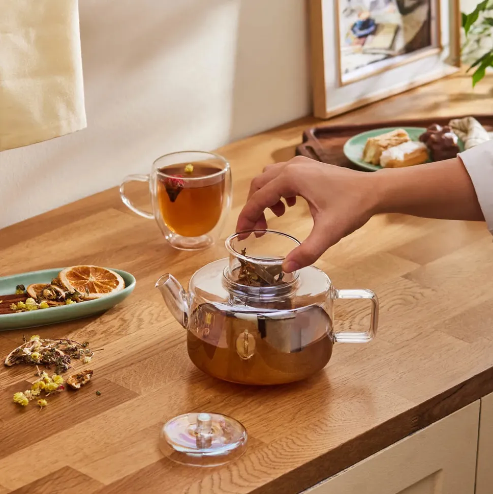 Karaca Flat Borosilicate Glass Luster Teapot, Multi
