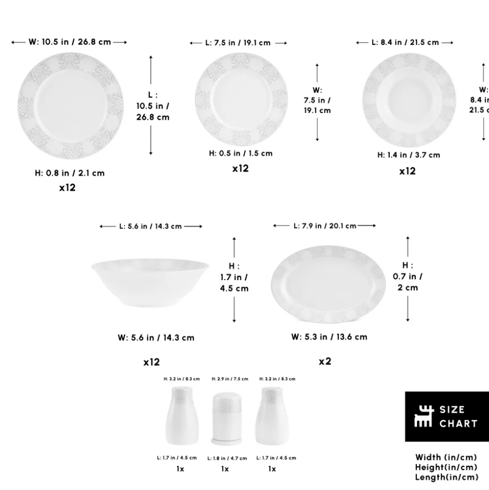 Karaca Forever Bone China New Olio 53-Piece Dinner Set for 12 People, White