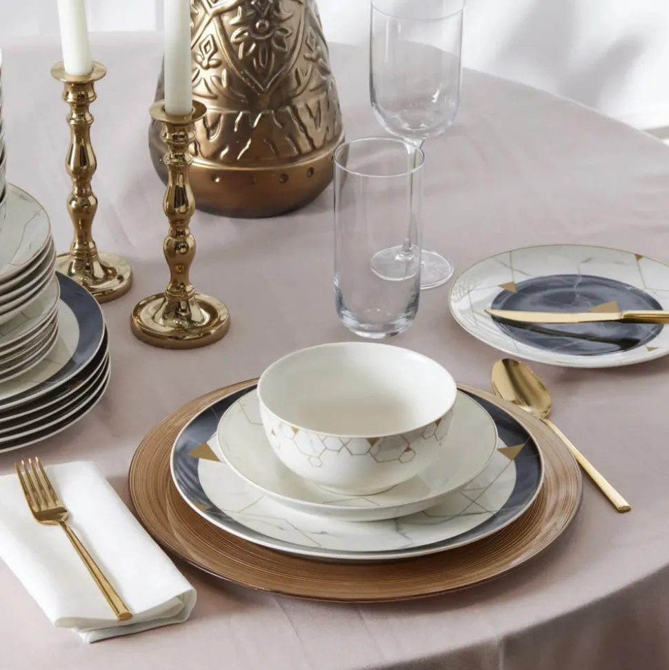 Karaca Gem 24-Piece Bone China Dinner Set for 6 People, Black Gold White