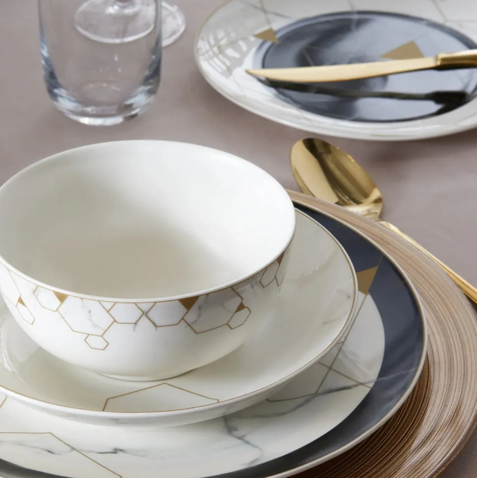 Karaca Gem 24-Piece Bone China Dinner Set for 6 People, Black Gold White