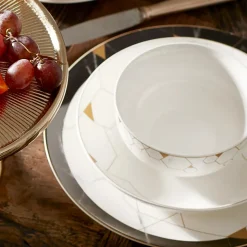 Karaca Gem 24-Piece Bone China Dinner Set for 6 People, Black Gold White