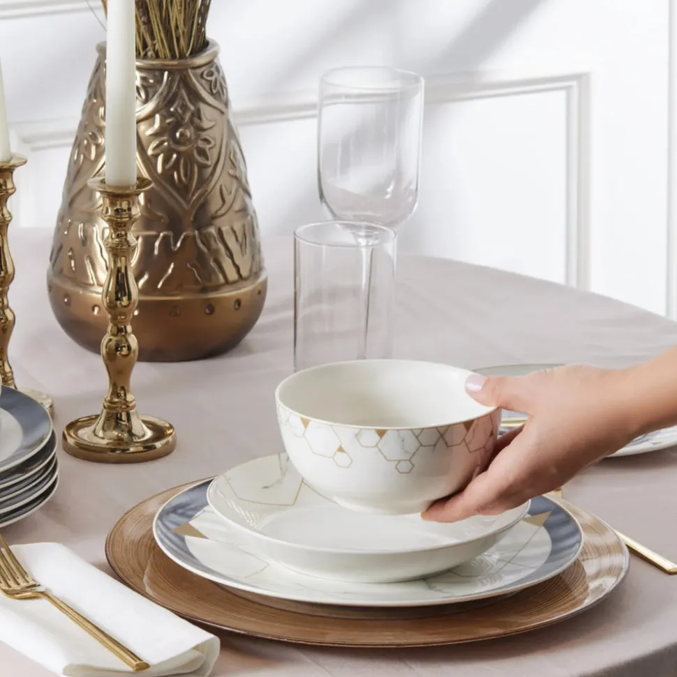 Karaca Gem 24-Piece Bone China Dinner Set for 6 People, Black Gold White