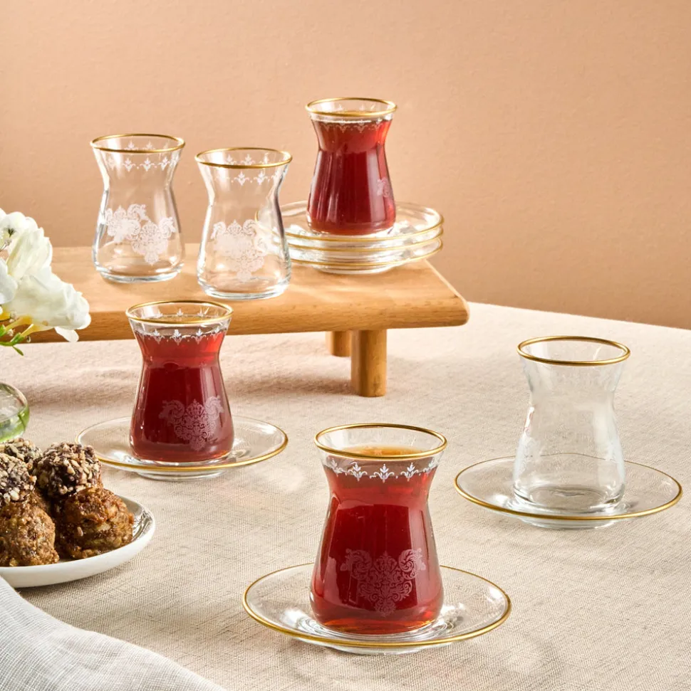 Karaca Gent 12-Piece Turkish Tea Set for 6 People, 132ml, Gold