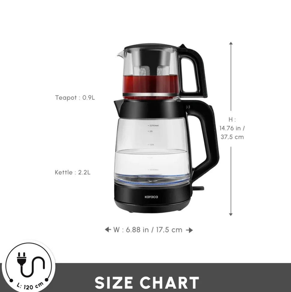 Karaca Glass Tea XL 2 in 1 Tea Maker Kettle, 1900W, Shiny Black