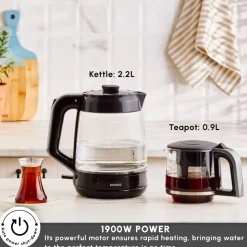 Karaca Glass Tea XL 2 in 1 Tea Maker Kettle, 1900W, Shiny Black