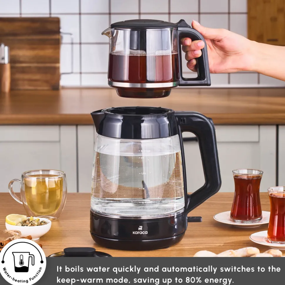 Karaca Glass Tea XL 2 in 1 Tea Maker Kettle, 1900W, Shiny Black