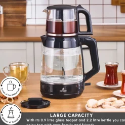 Karaca Glass Tea XL 2 in 1 Tea Maker Kettle, 1900W, Shiny Black