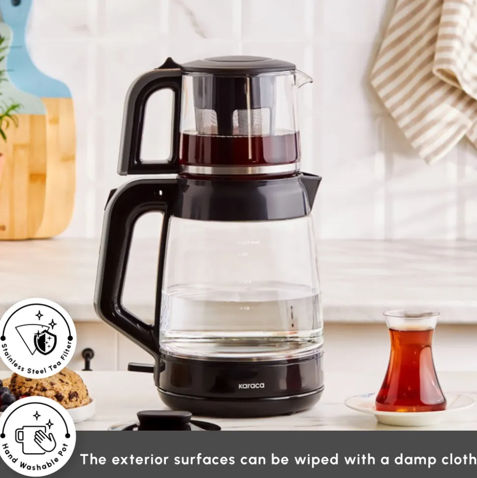 Karaca Glass Tea XL 2 in 1 Tea Maker Kettle, 1900W, Shiny Black