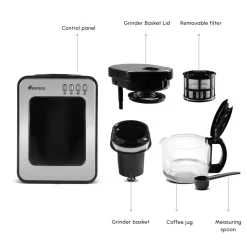 Karaca Grindmaestro Filter Coffee Maker with Built-in Grinder, 0,5L, 600W, Inox