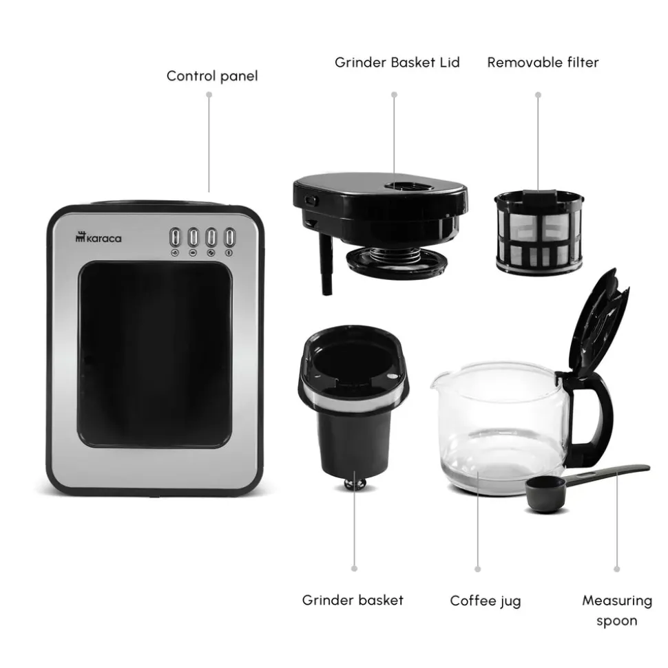 Karaca Grindmaestro Filter Coffee Maker with Built-in Grinder, 0,5L, 600W, Inox