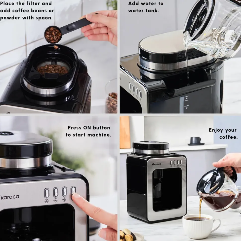 Karaca Grindmaestro Filter Coffee Maker with Built-in Grinder, 0,5L, 600W, Inox