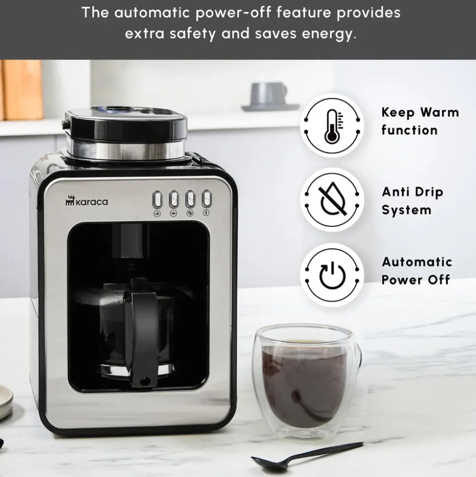 Karaca Grindmaestro Filter Coffee Maker with Built-in Grinder, 0,5L, 600W, Inox