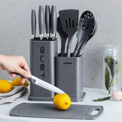 Karaca Gusto 12 Piece Knife Block Set, Kitchen Utensil Set with Block and Chopping Board, Grey