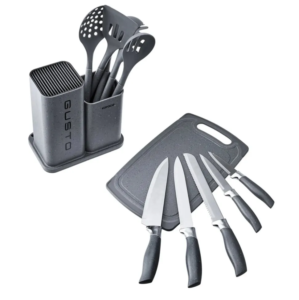 Karaca Gusto 12 Piece Knife Block Set, Kitchen Utensil Set with Block and Chopping Board, Grey