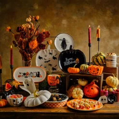 Karaca Halloween Pumpkin Ceramic Serving Platter, 27cm, Orange White