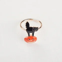 Karaca Halloween Pumpkin with Cat Napkin Ring Set, 2 Piece, 6.5cm, Black Orange