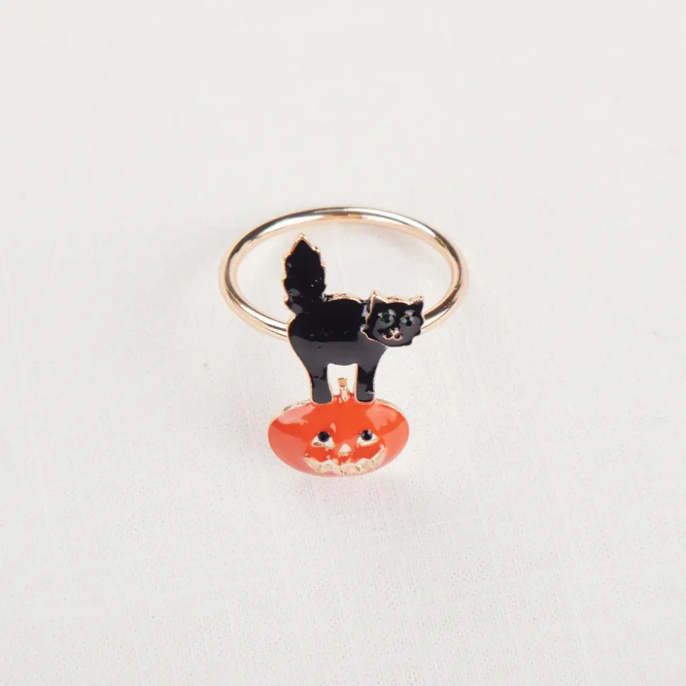 Karaca Halloween Pumpkin with Cat Napkin Ring Set, 2 Piece, 6.5cm, Black Orange