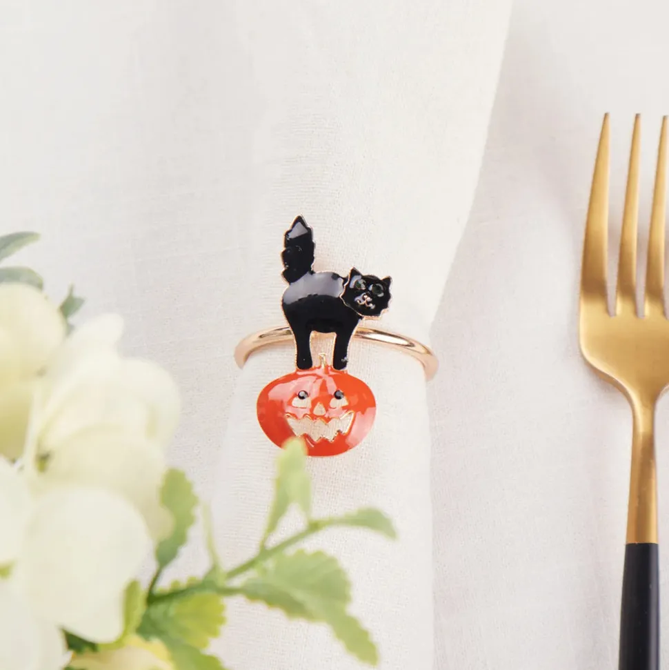 Karaca Halloween Pumpkin with Cat Napkin Ring Set, 2 Piece, 6.5cm, Black Orange