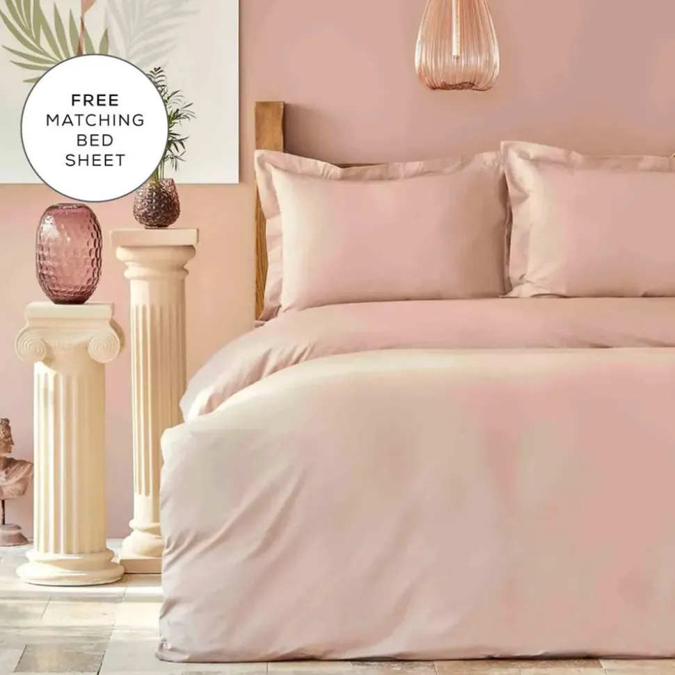 Karaca Home Back To Basic 100% Turkish Cotton Duvet Cover Set with Bed Sheet, Double, Dark Powder