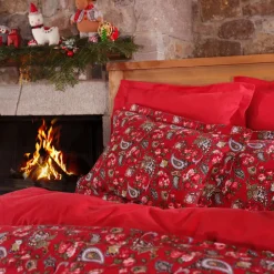 Karaca Home Despina 100% Turkish Cotton Flannel Duvet Cover Set with Bed Sheet, Double, Red Multi
