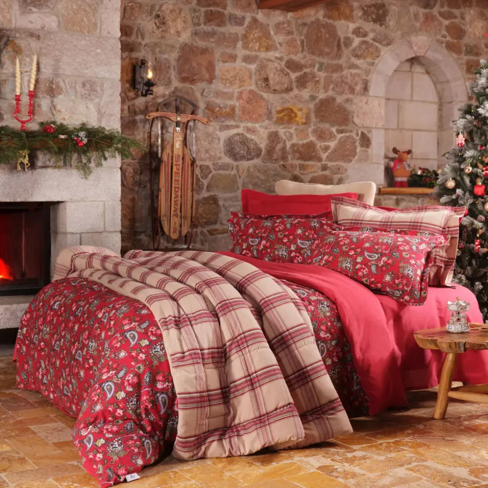 Karaca Home Despina 100% Turkish Cotton Flannel Duvet Cover Set with Bed Sheet, Double, Red Multi