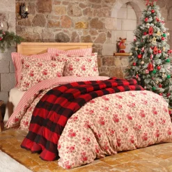 Karaca Home Luis 100% Turkish Cotton Flannel Duvet Cover Set with Bed Sheet, Double, Red Multi