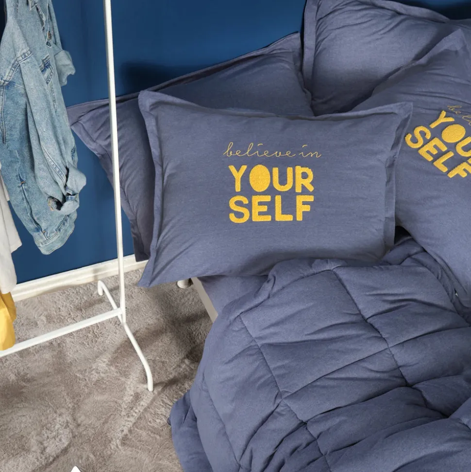 Karaca Home Motto 100% Turkish Cotton Comfort Bedding Set, Double, Indigo