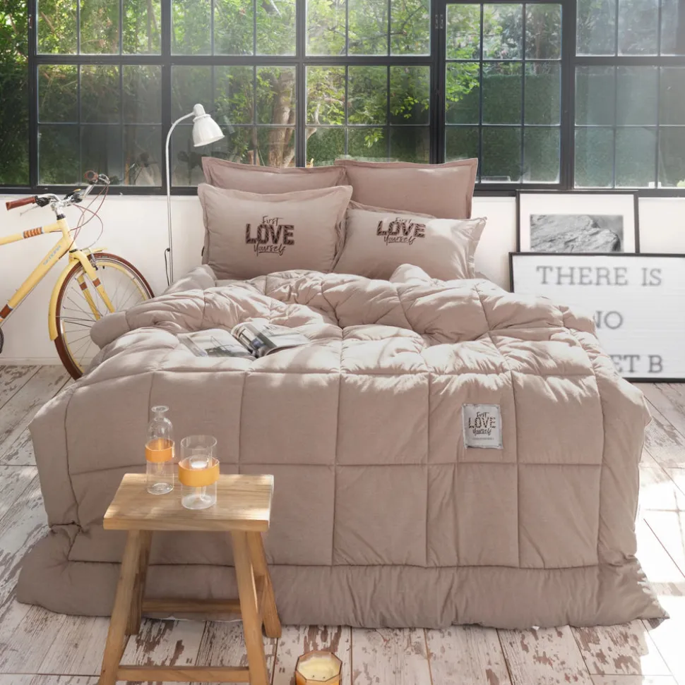 Karaca Home Motto 100% Turkish Cotton Comfort Bedding Set, Double, Beige