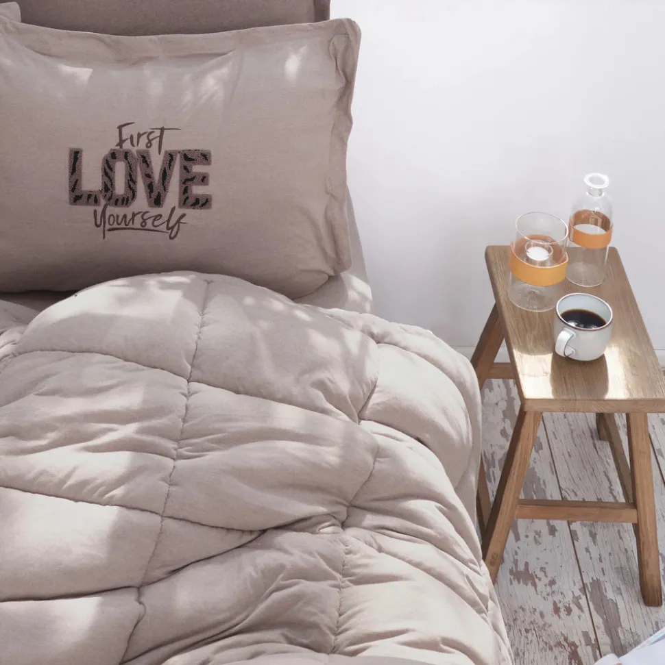 Karaca Home Motto 100% Turkish Cotton Comfort Bedding Set, Double, Beige