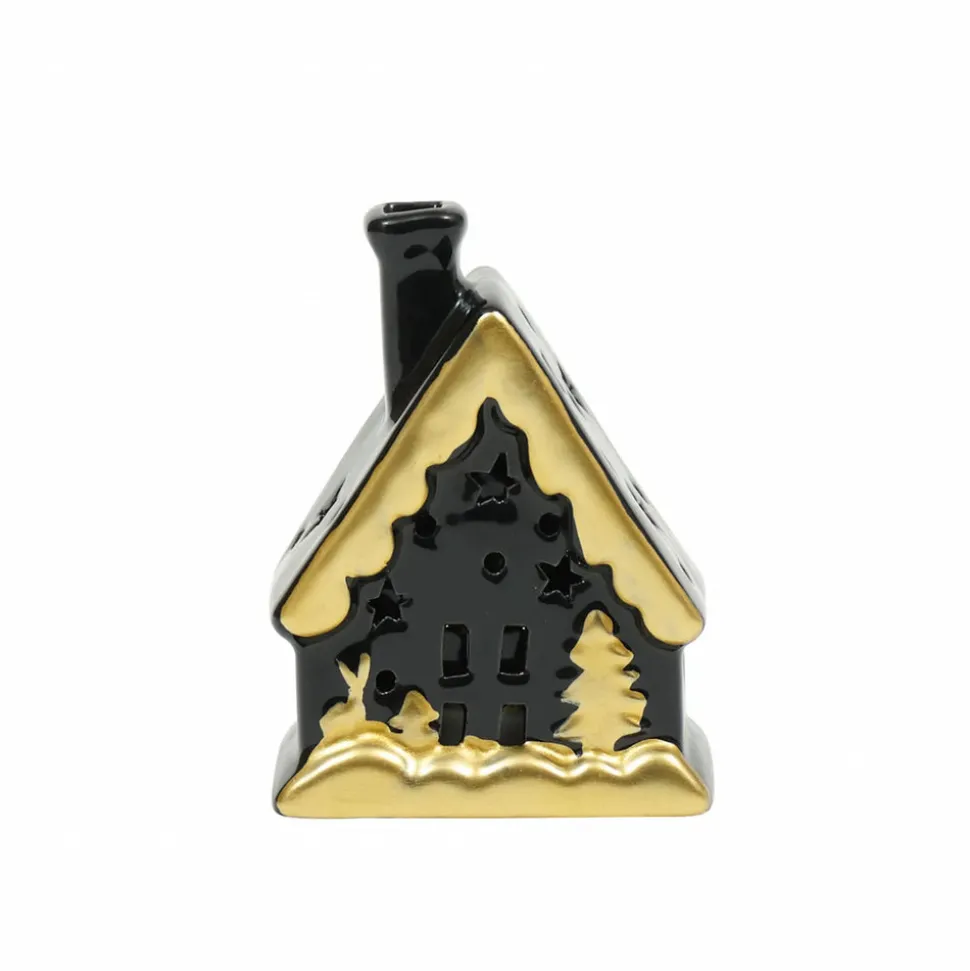 Karaca Home New Year Christmas Ceramic Lighting House Trinket, 12cm, Black Gold