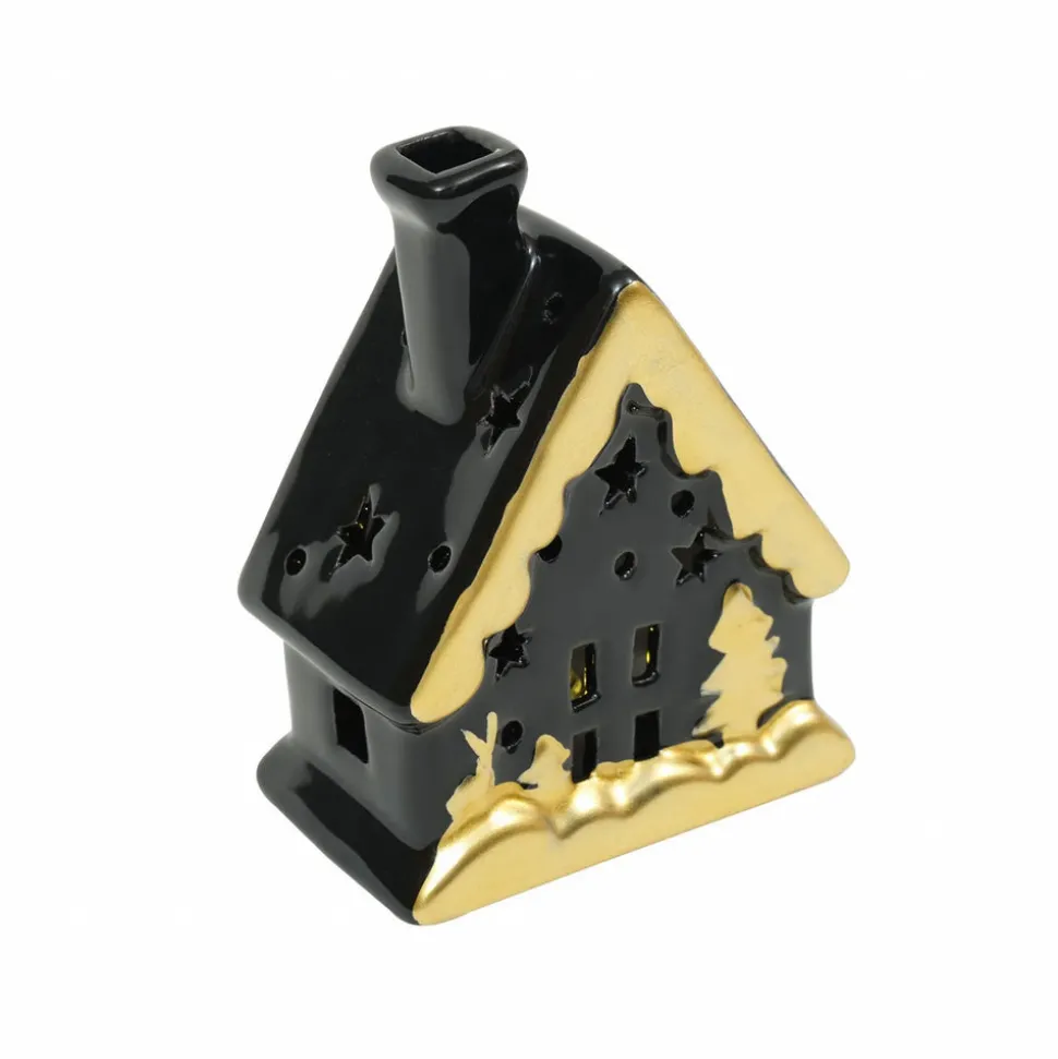 Karaca Home New Year Christmas Ceramic Lighting House Trinket, 12cm, Black Gold