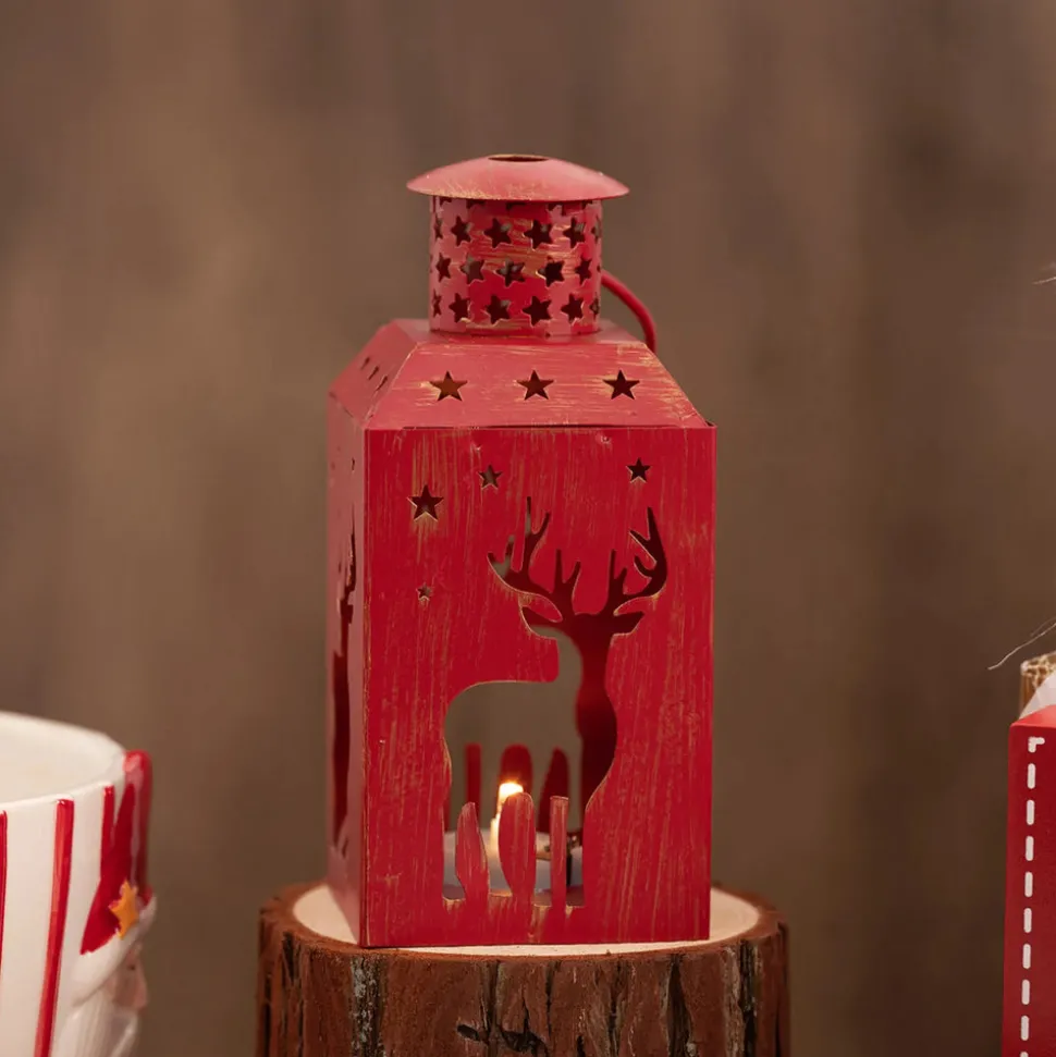 Karaca Home New Year Christmas Deer Metal Decorative Led Light Lantern, 13cm, Red