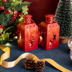 Karaca Home New Year Christmas Deer Metal Decorative Led Light Lantern, 13cm, Red