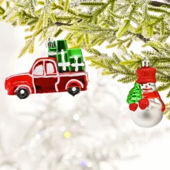 Karaca Home New Year Christmas Gift Truck & Snowman Tree Decoration Set, 2 Piece, 11cm, Multi