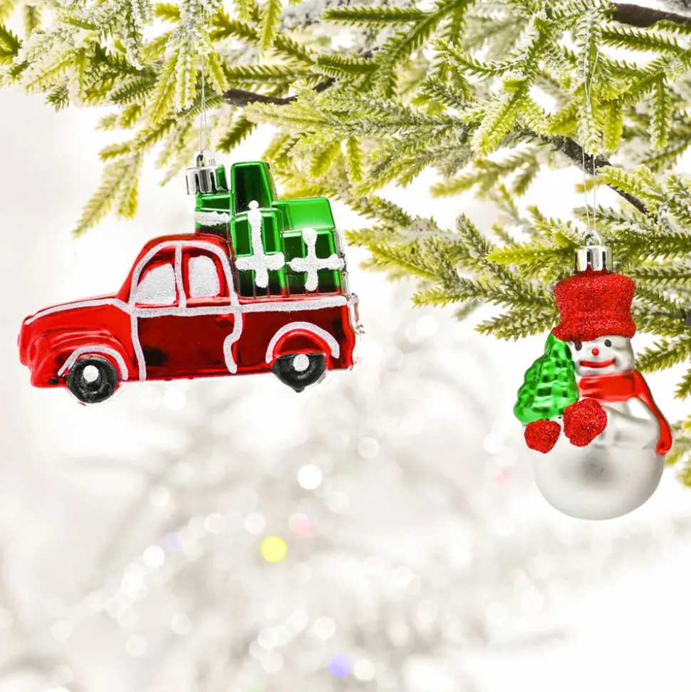 Karaca Home New Year Christmas Gift Truck & Snowman Tree Decoration Set, 2 Piece, 11cm, Multi