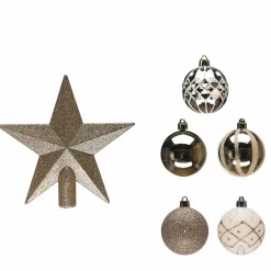 Karaca Home New Year Christmas Goldy Star Tree Bauble Set and Star Tree Topper, 21 Piece, Gold