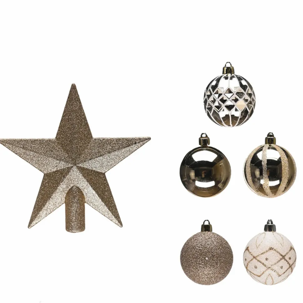 Karaca Home New Year Christmas Goldy Star Tree Bauble Set and Star Tree Topper, 21 Piece, Gold