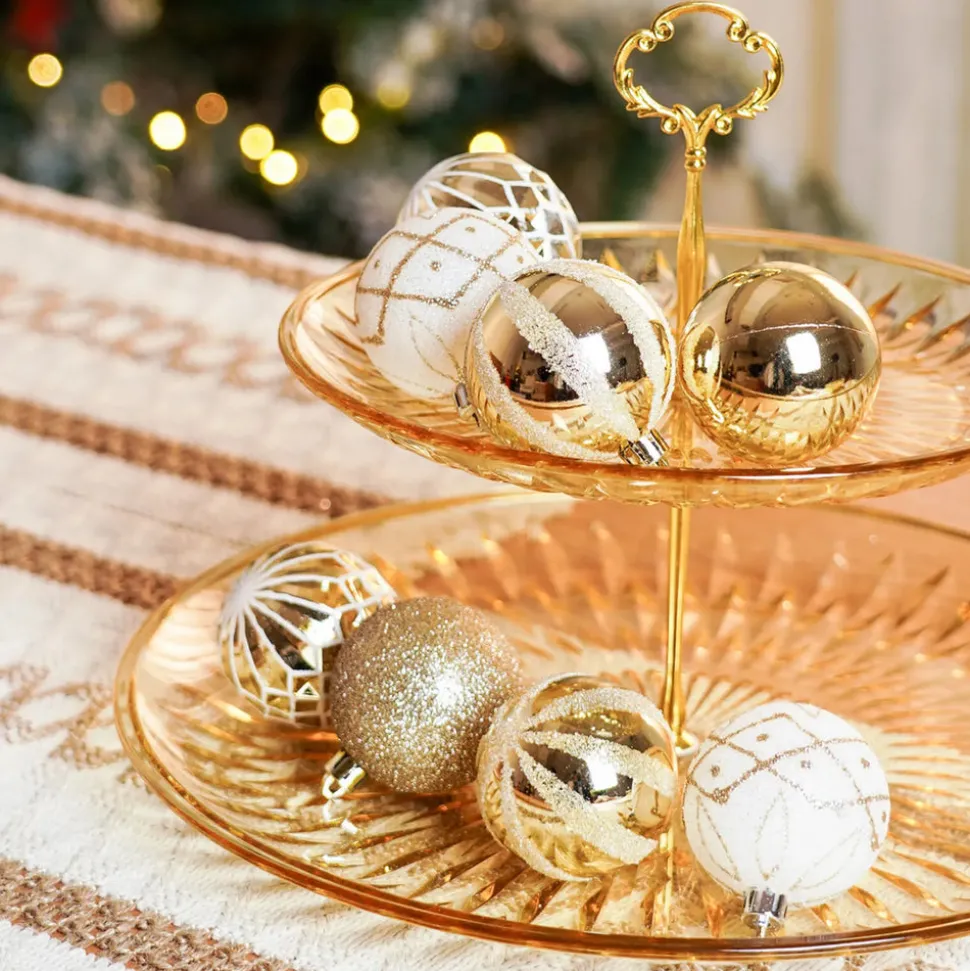 Karaca Home New Year Christmas Goldy Star Tree Bauble Set and Star Tree Topper, 21 Piece, Gold