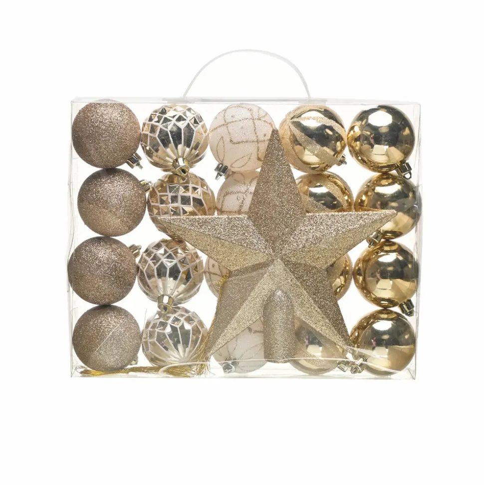 Karaca Home New Year Christmas Goldy Star Tree Bauble Set and Star Tree Topper, 21 Piece, Gold