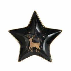 Karaca Home New Year Christmas Star Ceramic Decorative Plate, 15cm, Black Gold