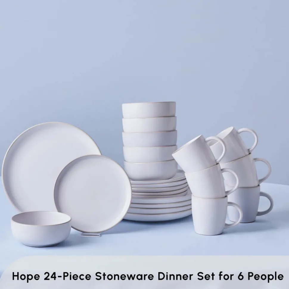 Karaca Hope 24-Piece Stoneware Dinner Set for 6 People, White Gold