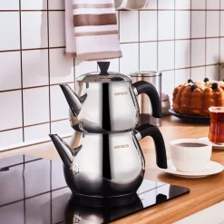 Karaca Kayra Stainless Steel Induction Teapot Set, Medium, Black Silver